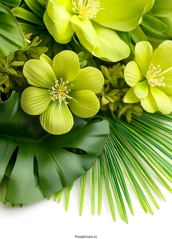 Green Leaves and Flowers on White Background