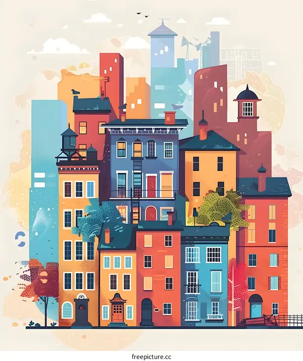 Colorful Cityscape Illustration with Buildings and Trees