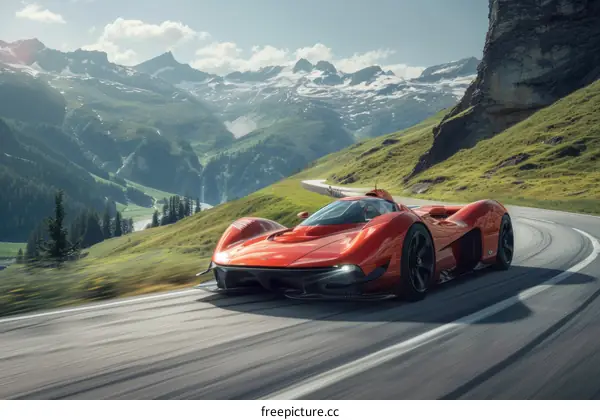 Red sports car on an asphalt road in the mountains