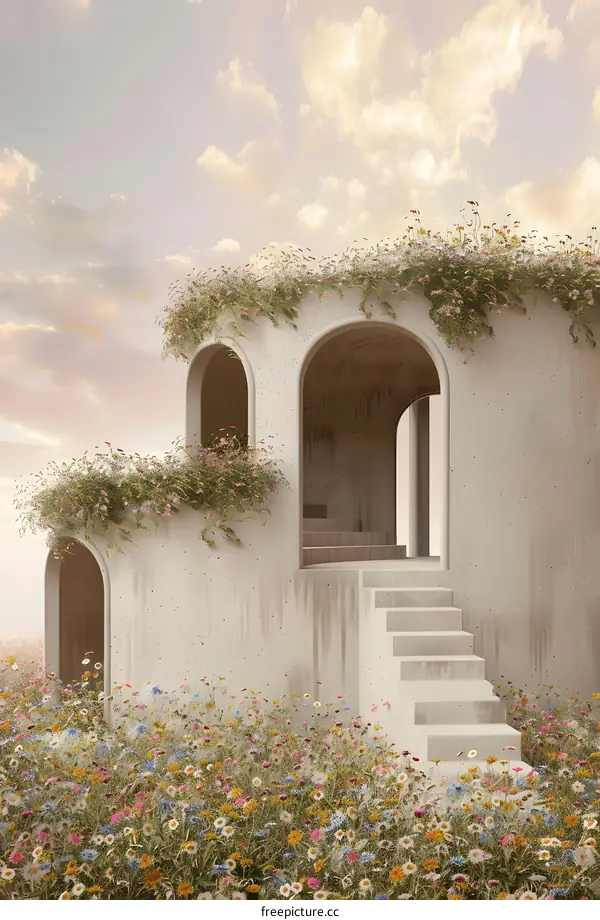 White Arched Building with Flowers on the Roof in a Field