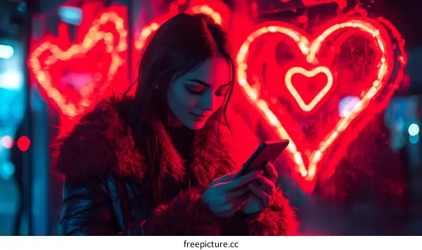 Night City Woman with Smartphone and Neon Hearts