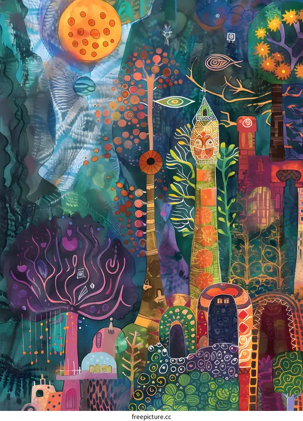 Abstract Watercolor Painting of Fantasy Forest Landscape