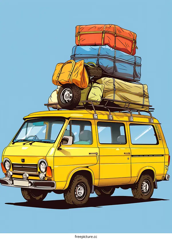 Yellow Van Illustration with Luggage on Roof