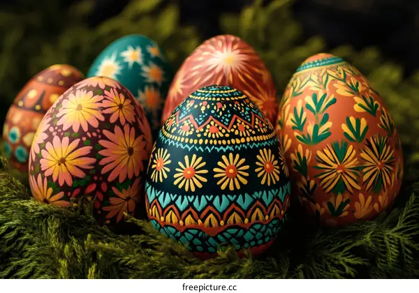 Colorful Hand-Painted Easter Eggs Nestled in Green