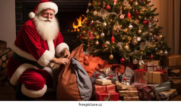 Santa Claus kneeling by the fireplace and Christmas tree
