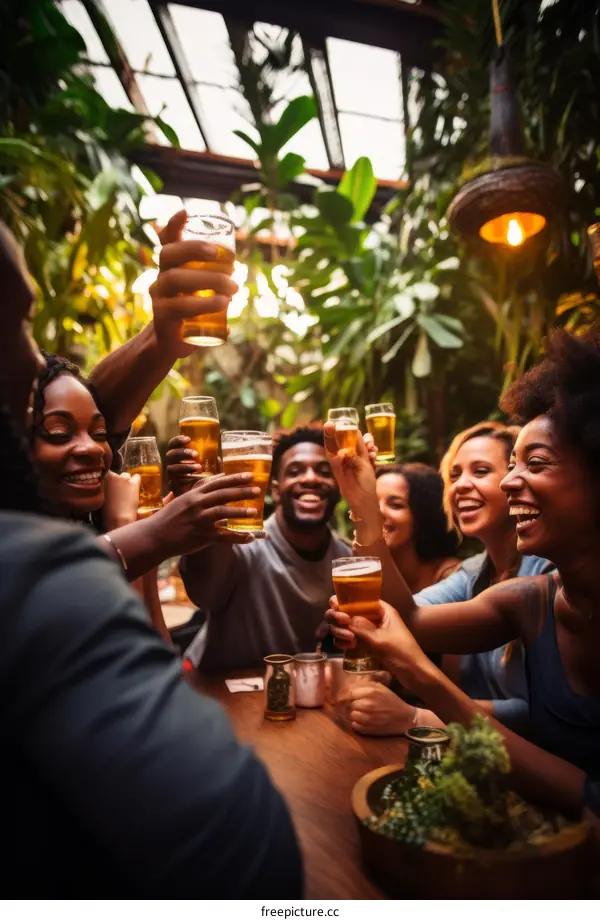A group of friends toasting with beer mugs in a restaurant