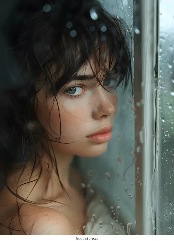 A close-up portrait of a young woman with wet hair and freckles on her face
