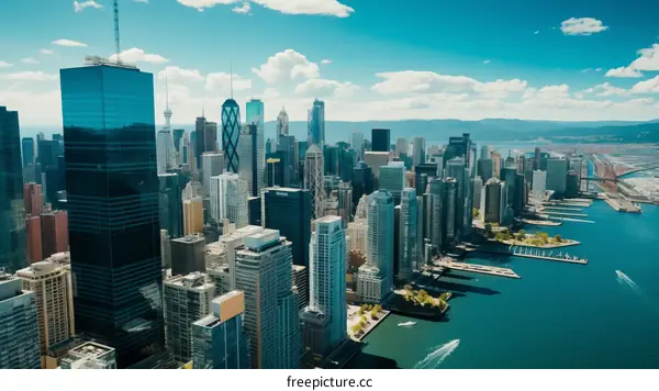 Stunning Cityscape with Waterfront, Mountains, and Blue Sky