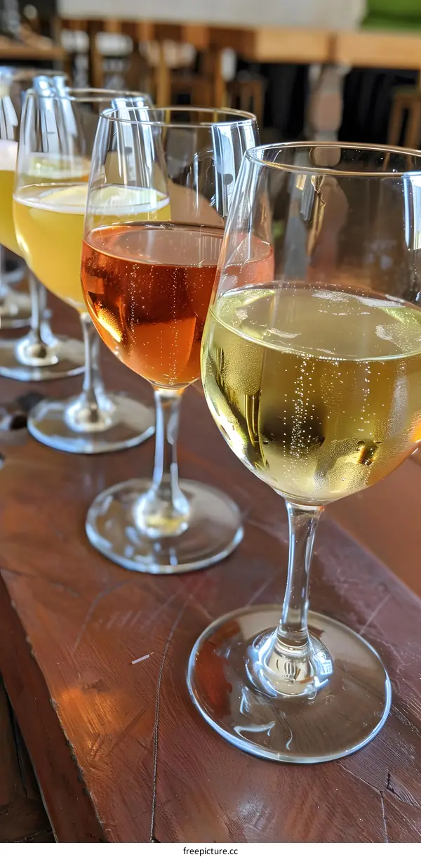 Close Up of Glasses of Sparkling Wine on Wooden Table