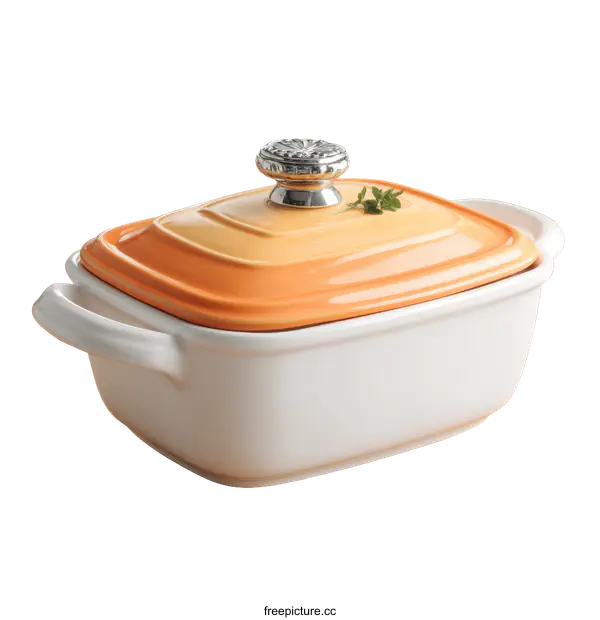 [Transparent Background PNG]Orange and White Rectangular Ceramic Dishware with Lid
