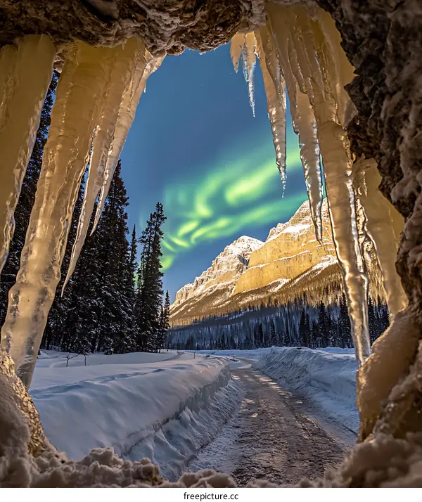 Aurora Borealis View Through Frozen Cave Entrance