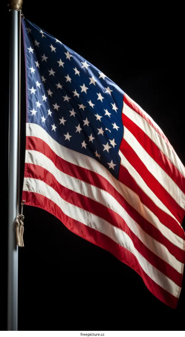 Close up of the American flag waving in the wind at night