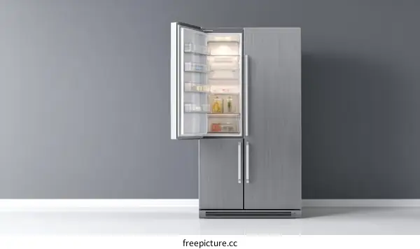 Modern Open Refrigerator Against Gray Wall