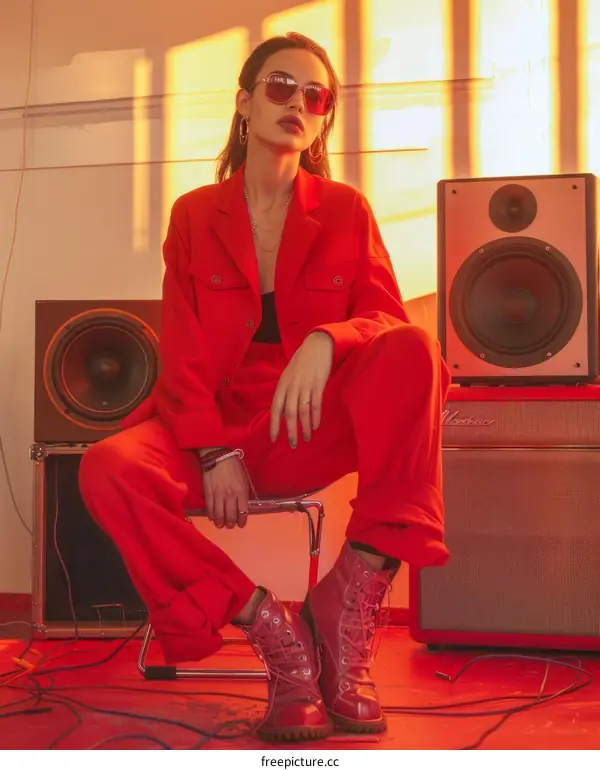 A woman in a red suit poses in front of a speaker.