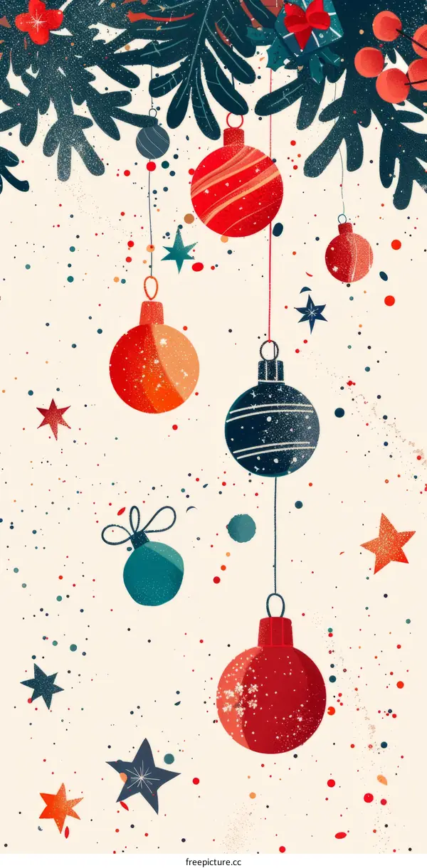Christmas balls hanging from a branch with stars and polka dots background