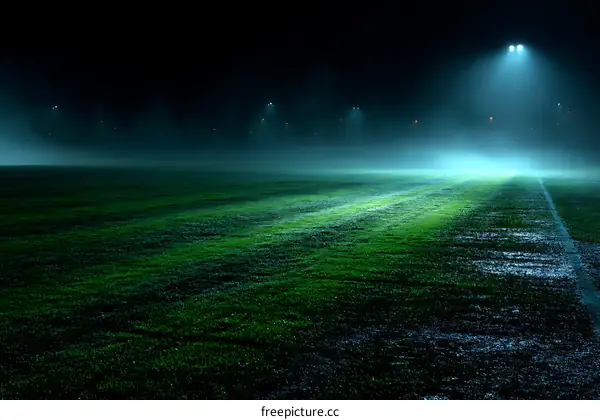 Foggy Night Football Field Under Spotlight