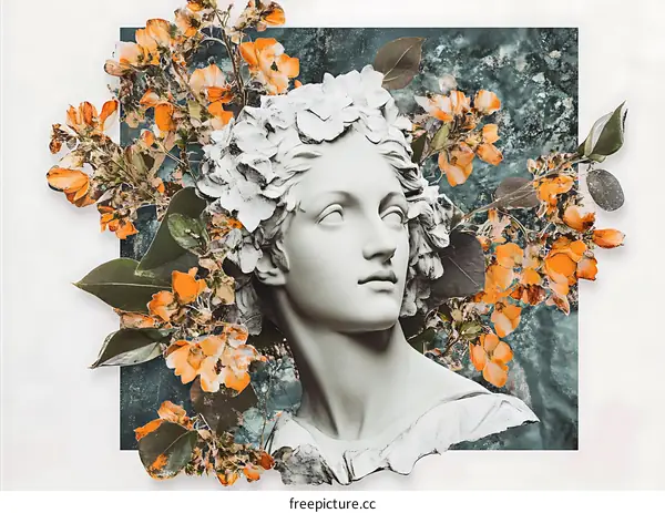 White Marble Sculpture of a Woman with Orange Flowers