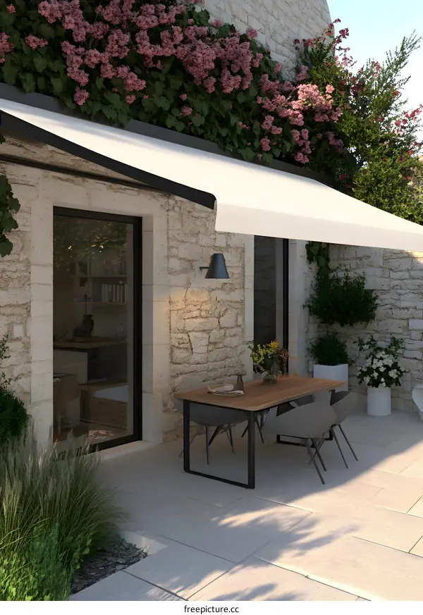 Stone Wall Patio with White Awning and Table and Chairs
