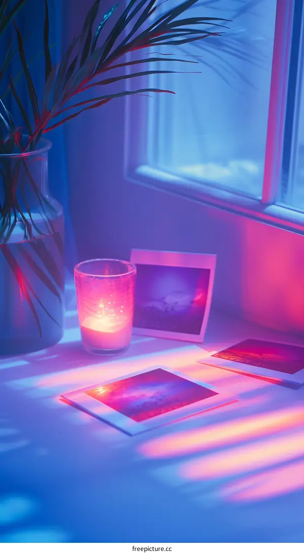 A windowsill with a plant, a candle, and some photos