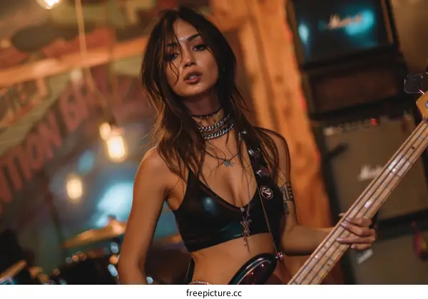 A woman playing bass guitar