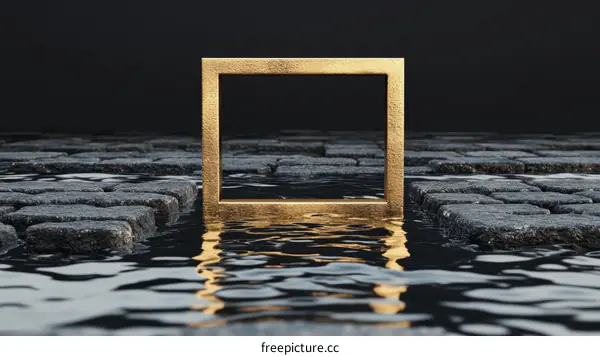 Golden Square Frame on a Wet Stone Surface