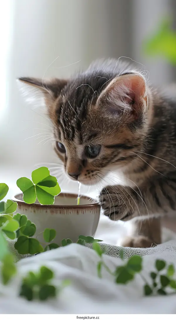 A cute tabby kitten is drinking milk from a bowl