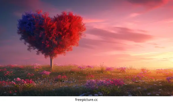 The heart-shaped tree with red and blue leaves stands in a vast field of flowers under the setting sun