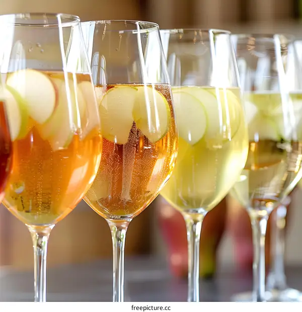 Closeup of Glasses Filled with Sparkling Apple Cider