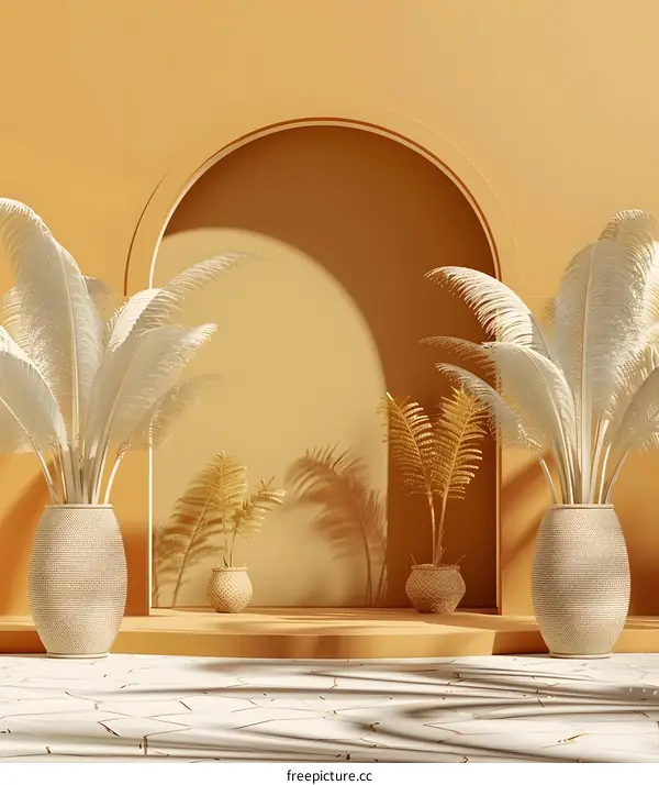 Minimalist 3D Render of Archway with Palm Trees and Sunbeams