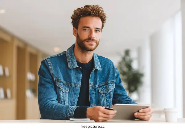 Caucasian Man Using Tablet in Modern Office