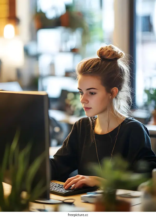 Young Woman Working on Computer in Office