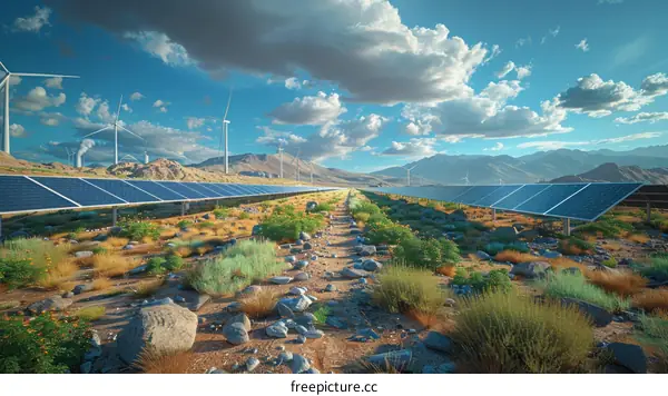 A large solar farm in the middle of a desert