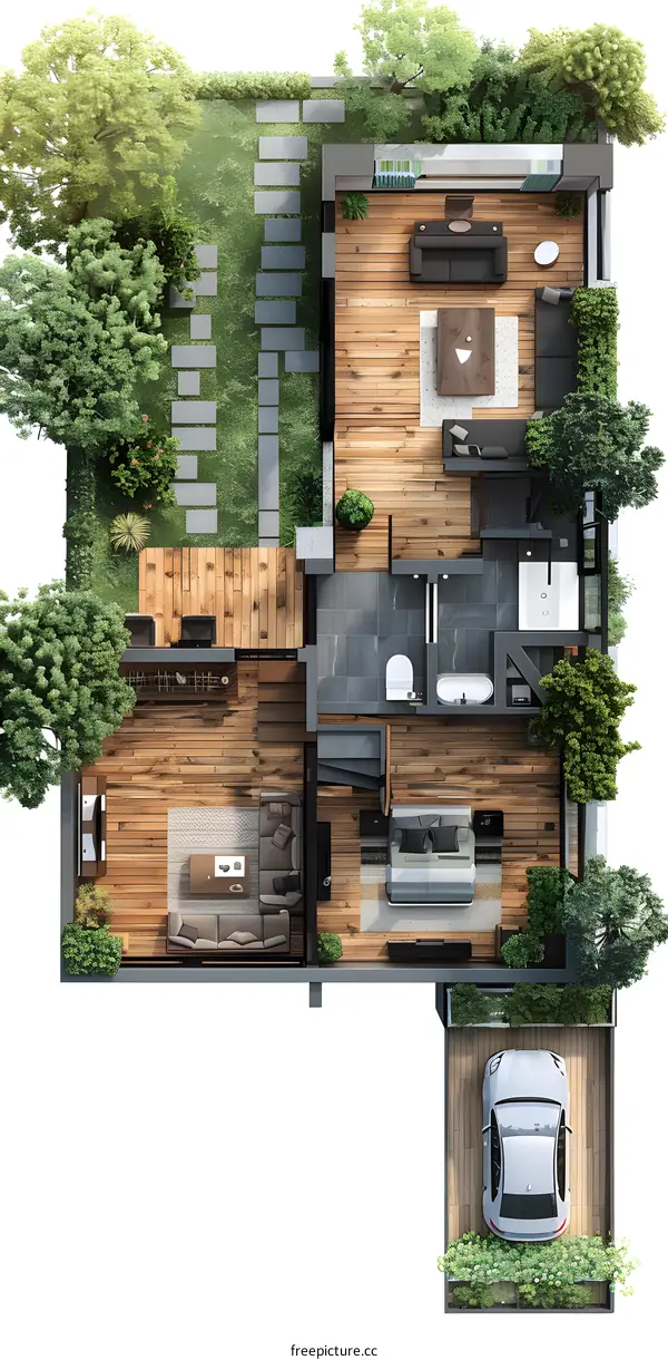 Modern house plan with green courtyard and garage