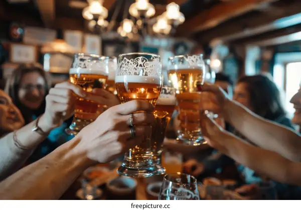 Group of friends toasting beer glasses in a bar