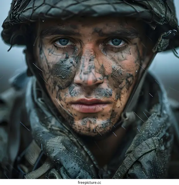 Portrait of a soldier with mud on his face