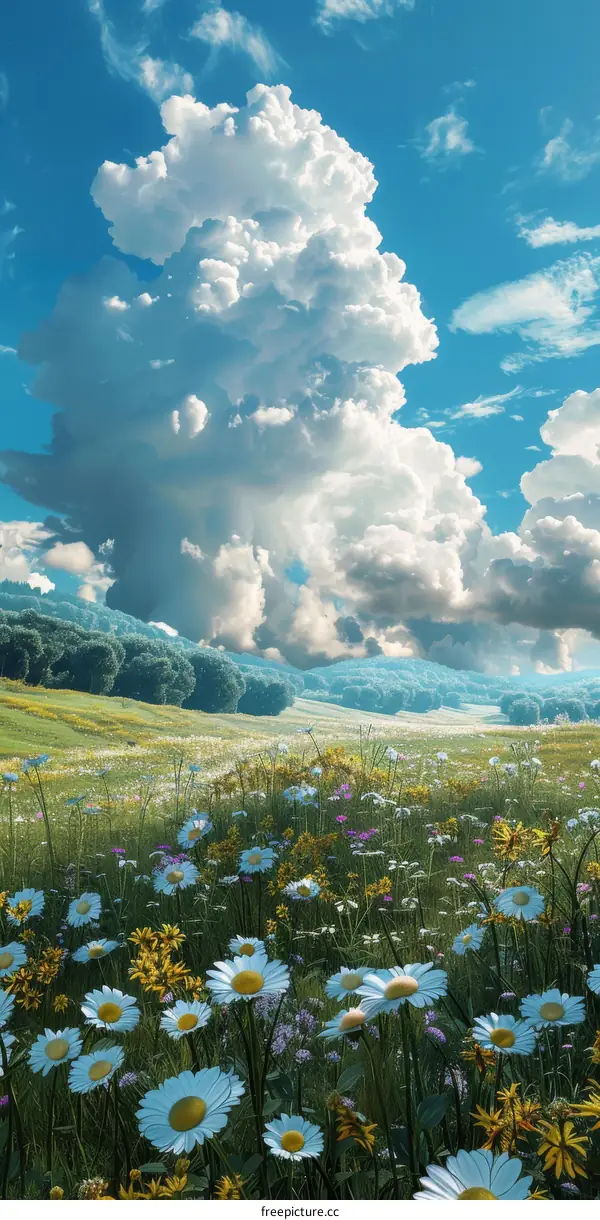 Blooming Flowers and Lush Green Meadow on the Hillside