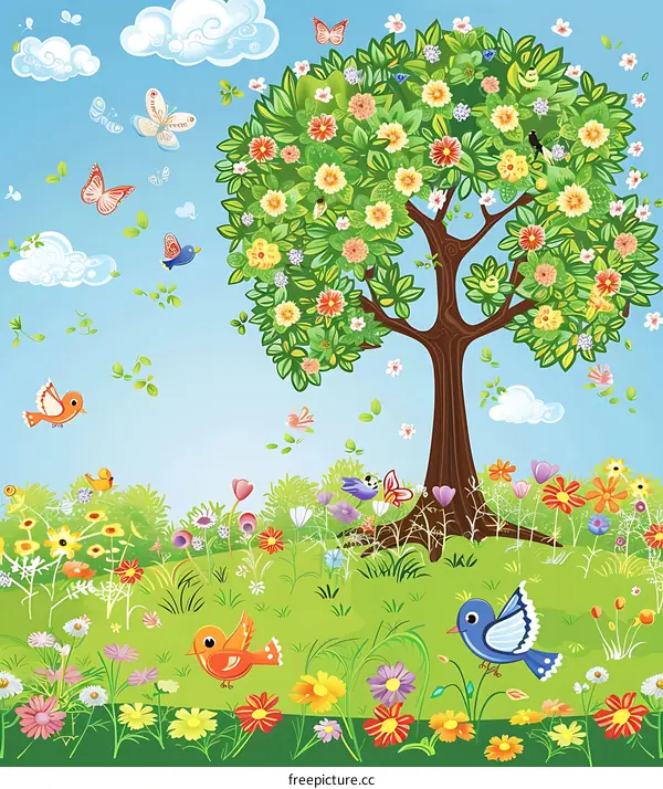 Springtime Garden with a Blooming Tree