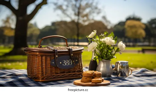Still life picnic image with a picnic basket, a vase of flowers, and a plate of cookies