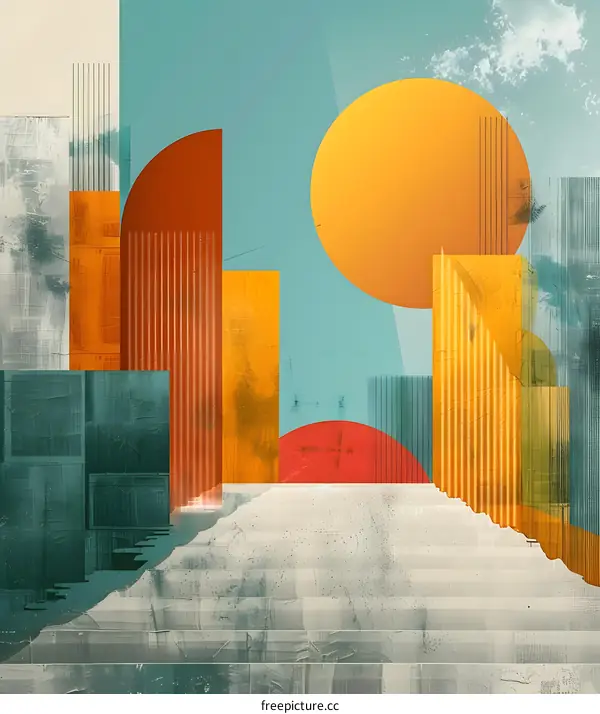 Abstract Geometric Illustration with Yellow Circle and Teal Background