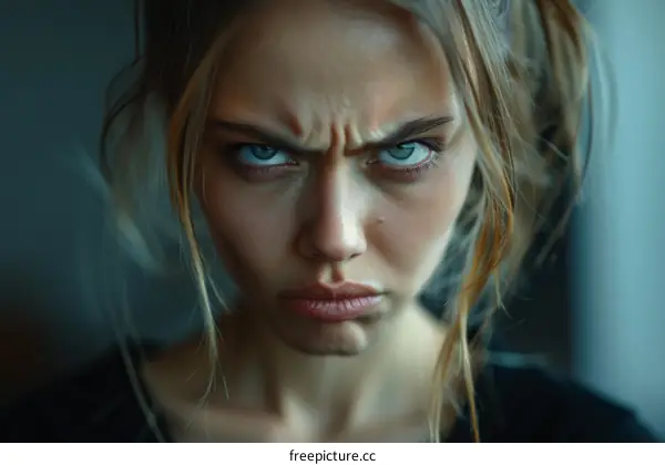 Closeup Portrait of a Caucasian Woman with an Angry Expression