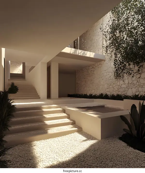 Minimalist Modern Courtyard Design With Stone Walls and Plants