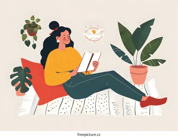 Woman Reading a Book Surrounded by Plants Illustration