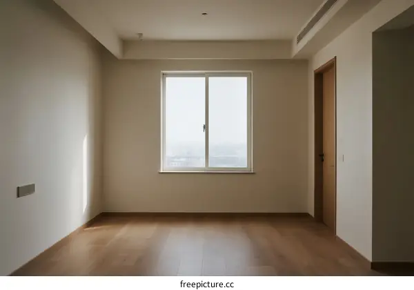 Empty room with large window and wooden floor