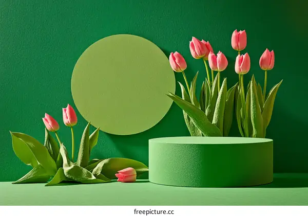 Pink Tulips on a Green Display Podium