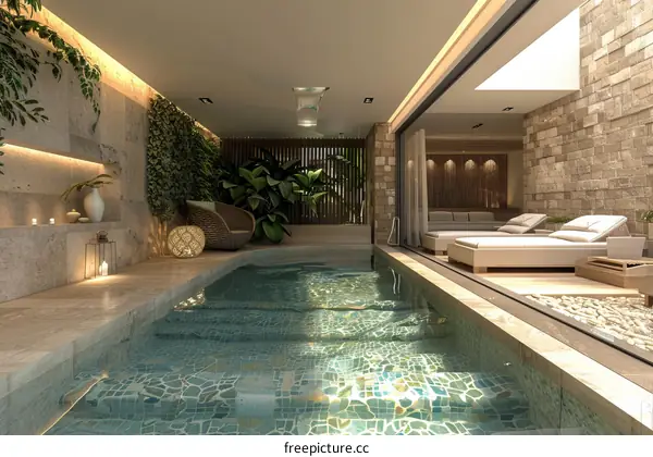 Modern Indoor Swimming Pool with Natural Stone Walls and Greenery