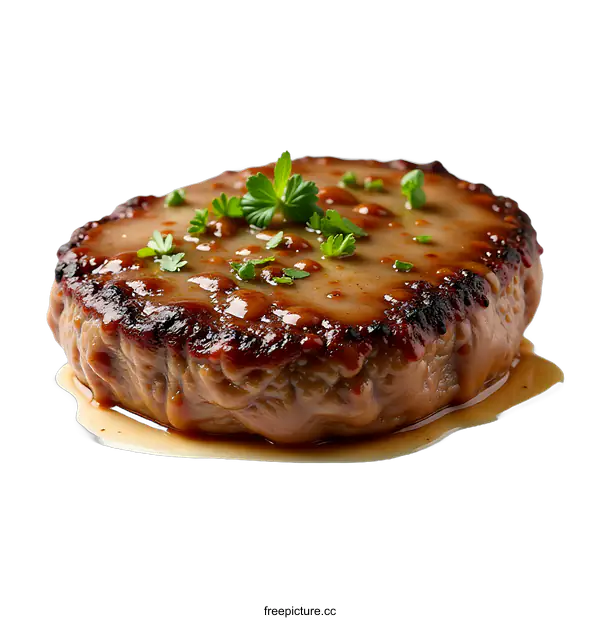 [Transparent Background PNG]Delicious and Juicy Beef Patty with Gravy and Parsley Garnish