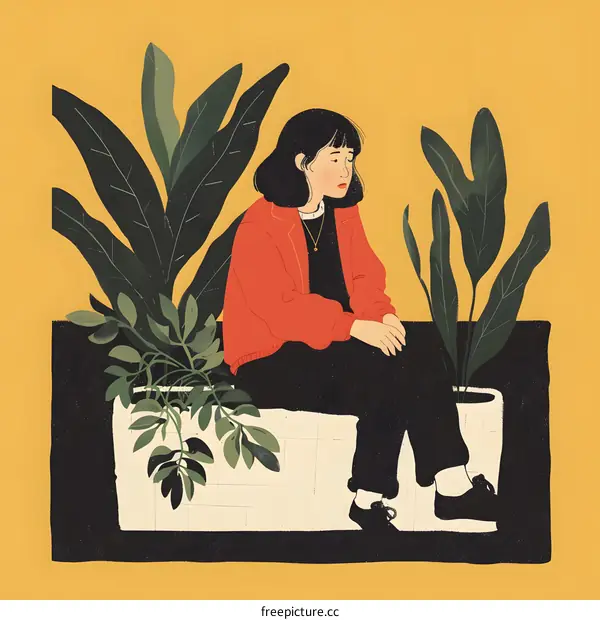 Girl Sitting On Wall With Plants Illustration