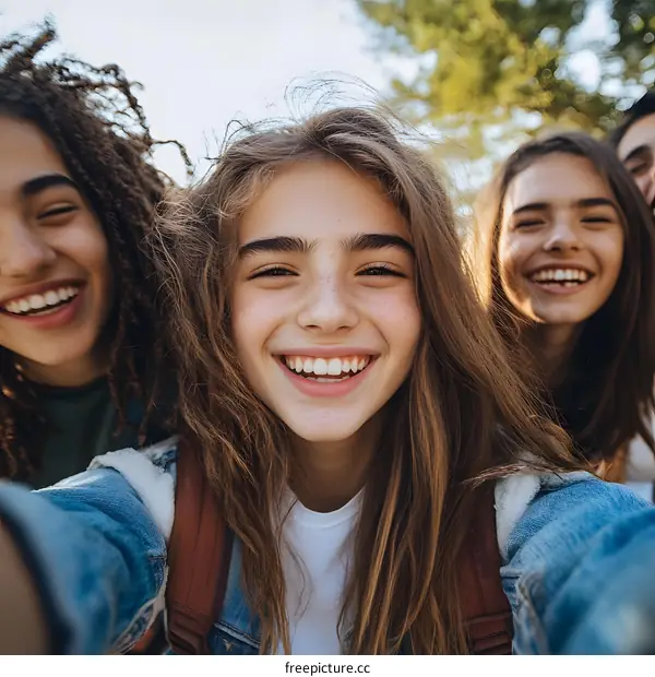 Happy Friends Taking a Selfie Outdoors