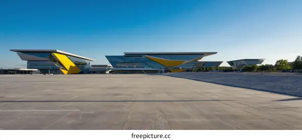 Modern Architectural Complex in an Empty Parking Lot