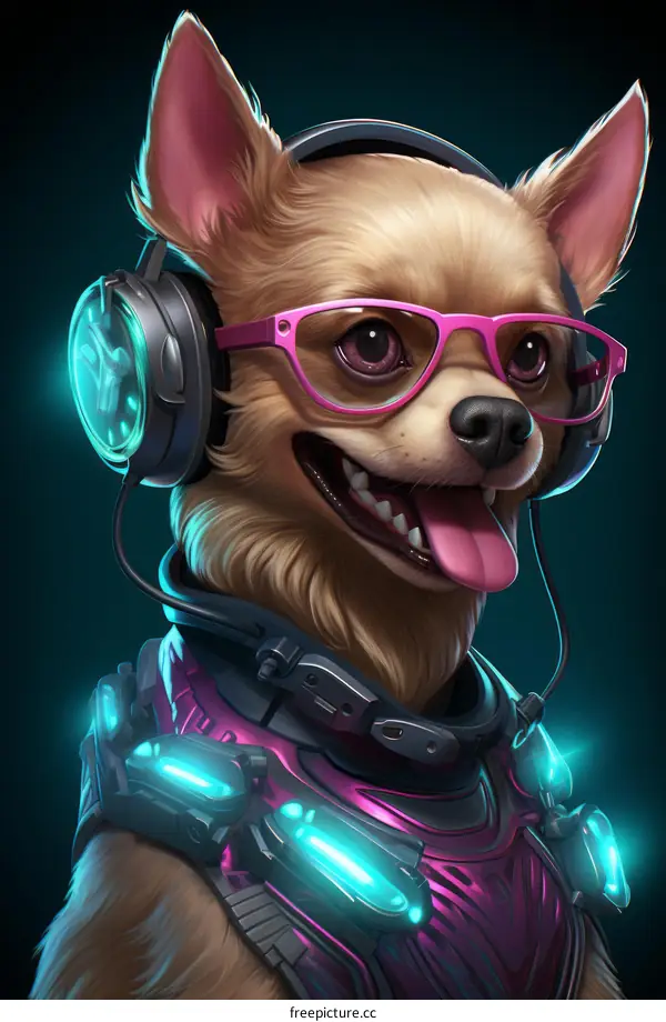 Cyborg Dog Wearing Headphones and Glasses
